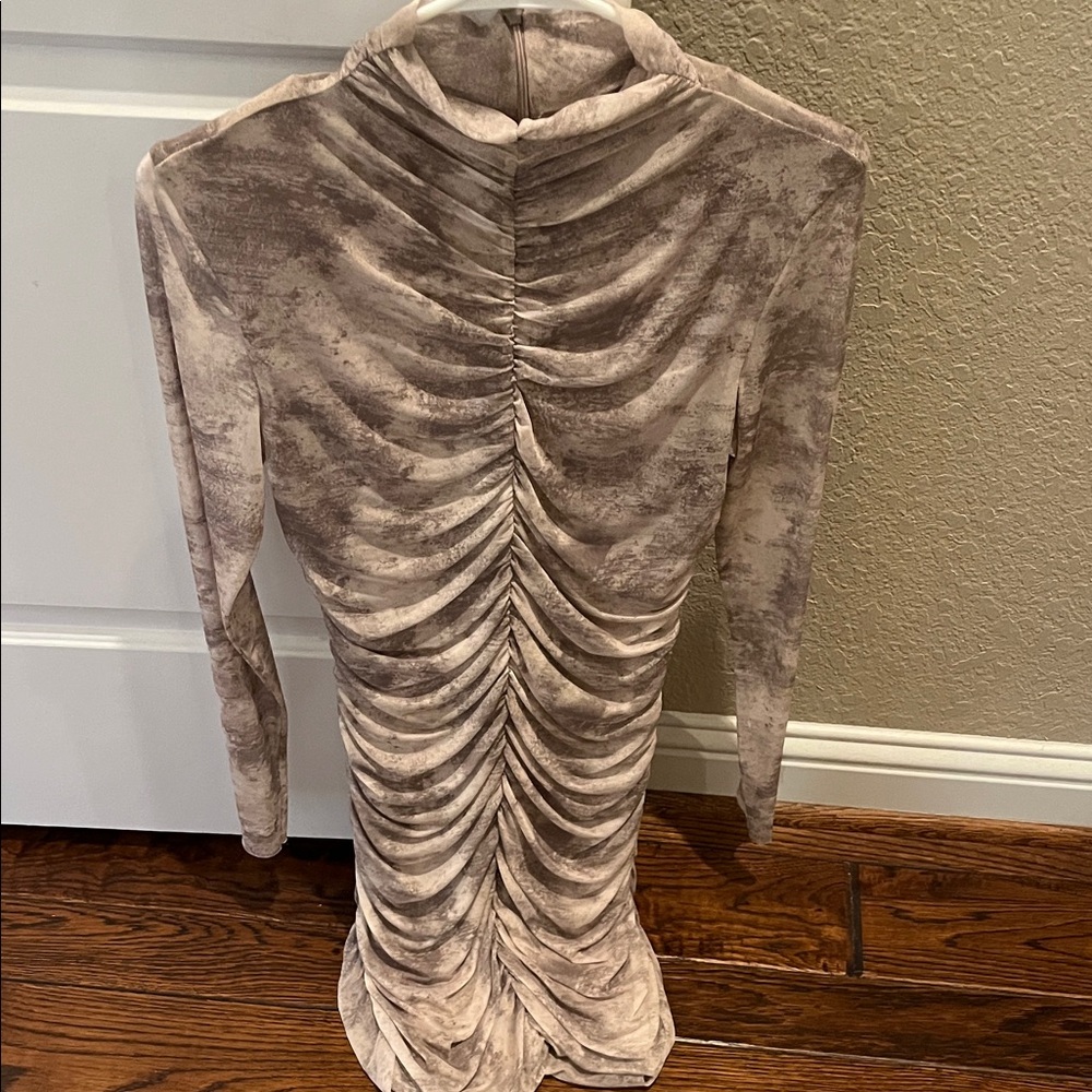 Zara Long Sleeve Ruched Dress in Beige